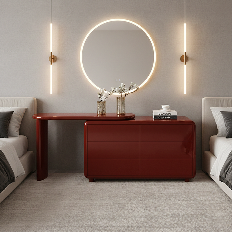 Stilvoller roter Schminktisch mit 6 Schubladen - Nordisches Design, langlebiges MDF &amp; Spanplatte aus Massivholz für das Schlafzimmer 