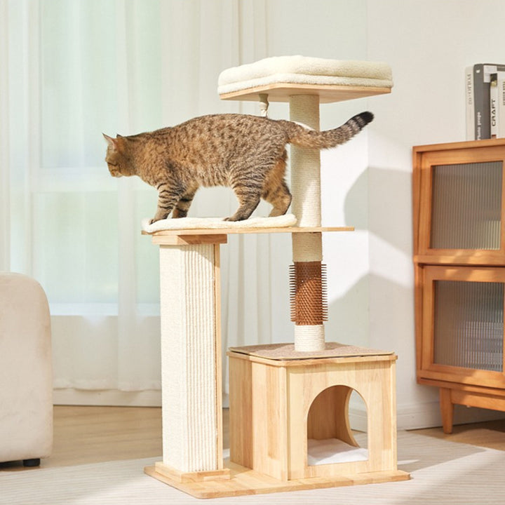 Árbol para gatos rectangular de 3 niveles, moderno y minimalista, de madera de caucho, sisal y terciopelo, ahorra espacio y es duradero para la sala de estar 