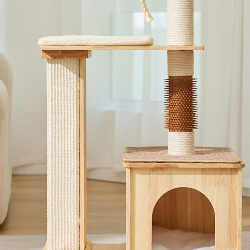 Árbol para gatos rectangular de 3 niveles, moderno y minimalista, de madera de caucho, sisal y terciopelo, ahorra espacio y es duradero para la sala de estar 