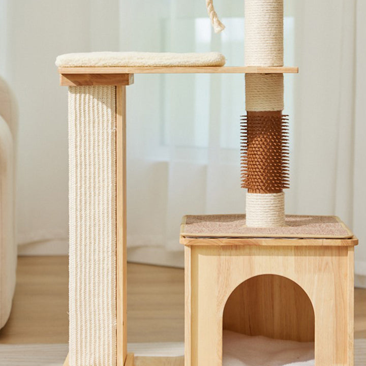 Árbol para gatos rectangular de 3 niveles, moderno y minimalista, de madera de caucho, sisal y terciopelo, ahorra espacio y es duradero para la sala de estar 