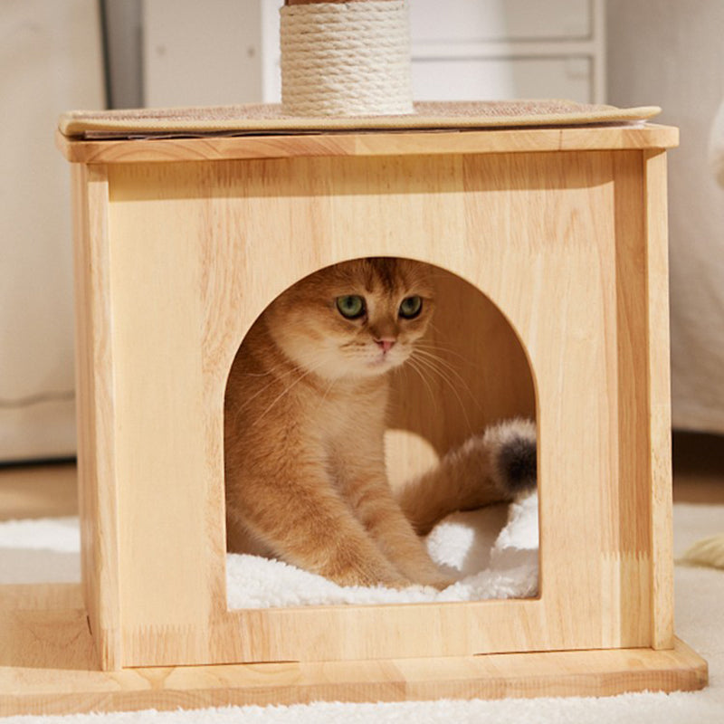 Árbol para gatos rectangular de 3 niveles, moderno y minimalista, de madera de caucho, sisal y terciopelo, ahorra espacio y es duradero para la sala de estar 