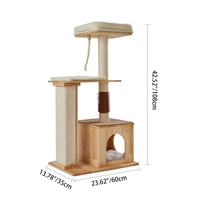 Árbol para gatos rectangular de 3 niveles, moderno y minimalista, de madera de caucho, sisal y terciopelo, ahorra espacio y es duradero para la sala de estar 