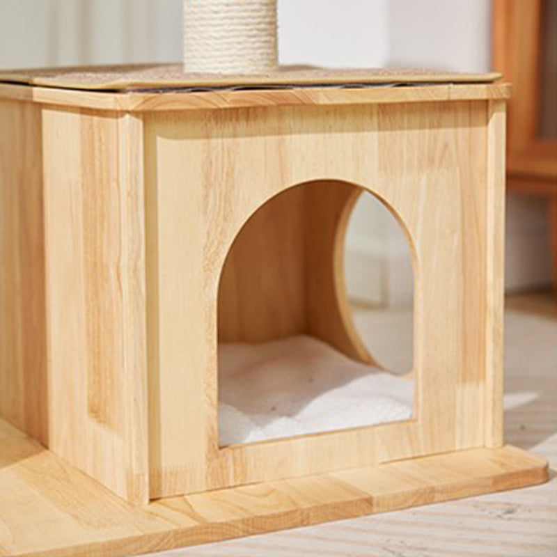 Árbol para gatos rectangular de 3 niveles, moderno y minimalista, de madera de caucho, sisal y terciopelo, ahorra espacio y es duradero para la sala de estar 