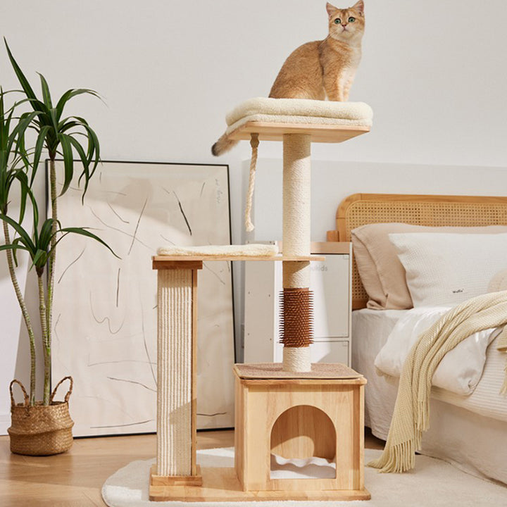 Árbol para gatos rectangular de 3 niveles, moderno y minimalista, de madera de caucho, sisal y terciopelo, ahorra espacio y es duradero para la sala de estar 