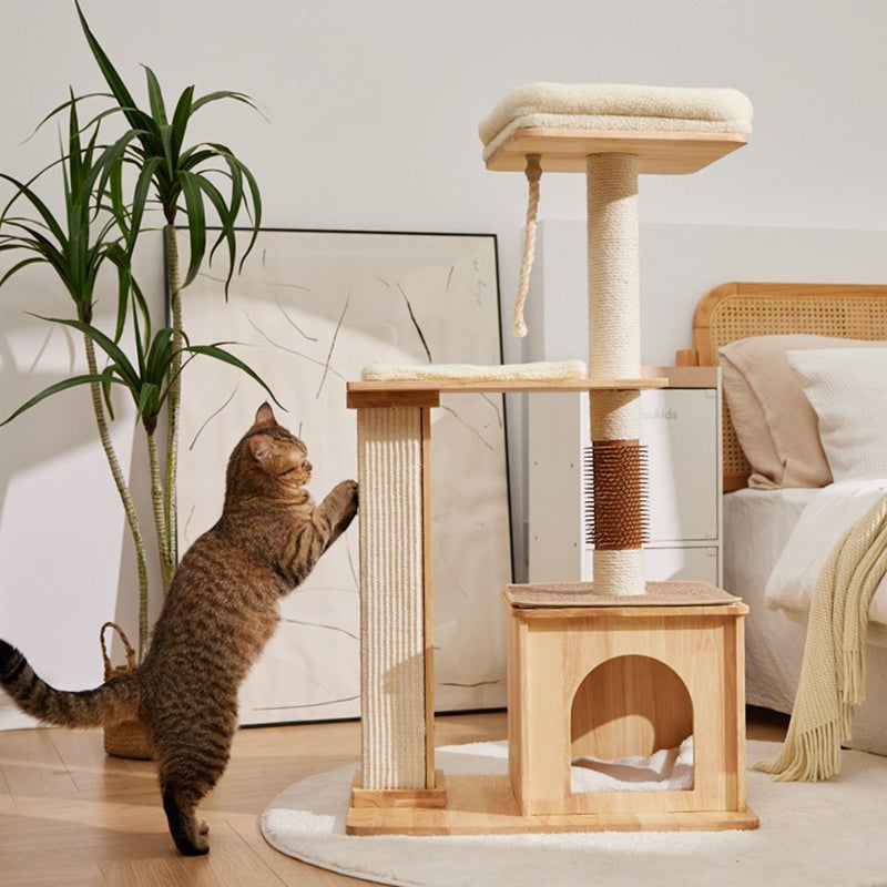 Árbol para gatos rectangular de 3 niveles, moderno y minimalista, de madera de caucho, sisal y terciopelo, ahorra espacio y es duradero para la sala de estar 