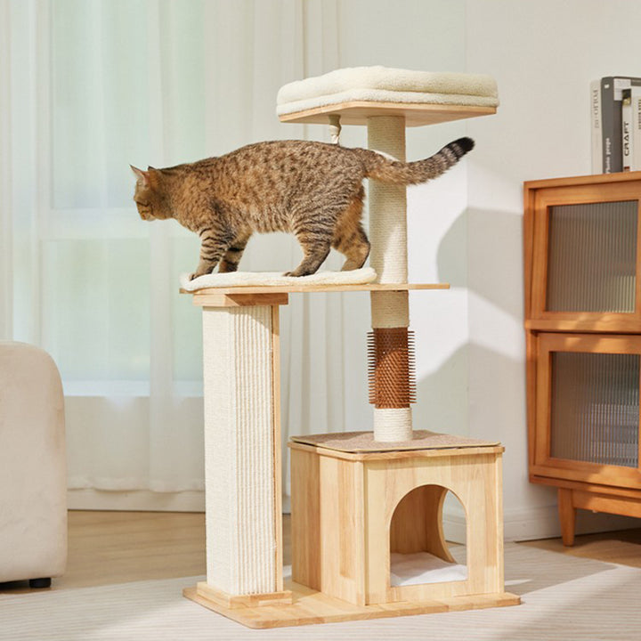 Árbol para gatos rectangular de 3 niveles, moderno y minimalista, de madera de caucho, sisal y terciopelo, ahorra espacio y es duradero para la sala de estar 