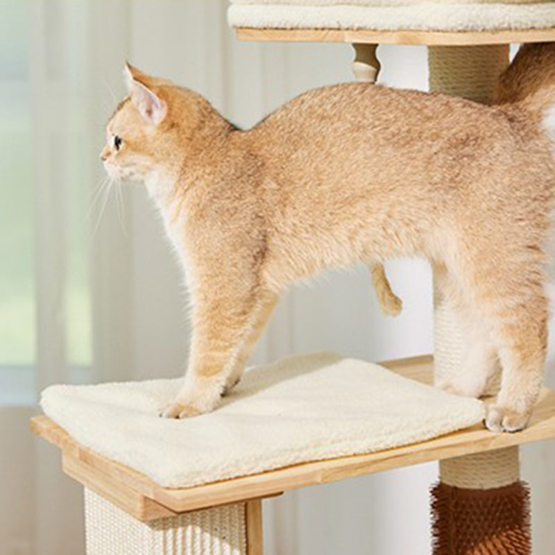Árbol para gatos rectangular de 3 niveles, moderno y minimalista, de madera de caucho, sisal y terciopelo, ahorra espacio y es duradero para la sala de estar 