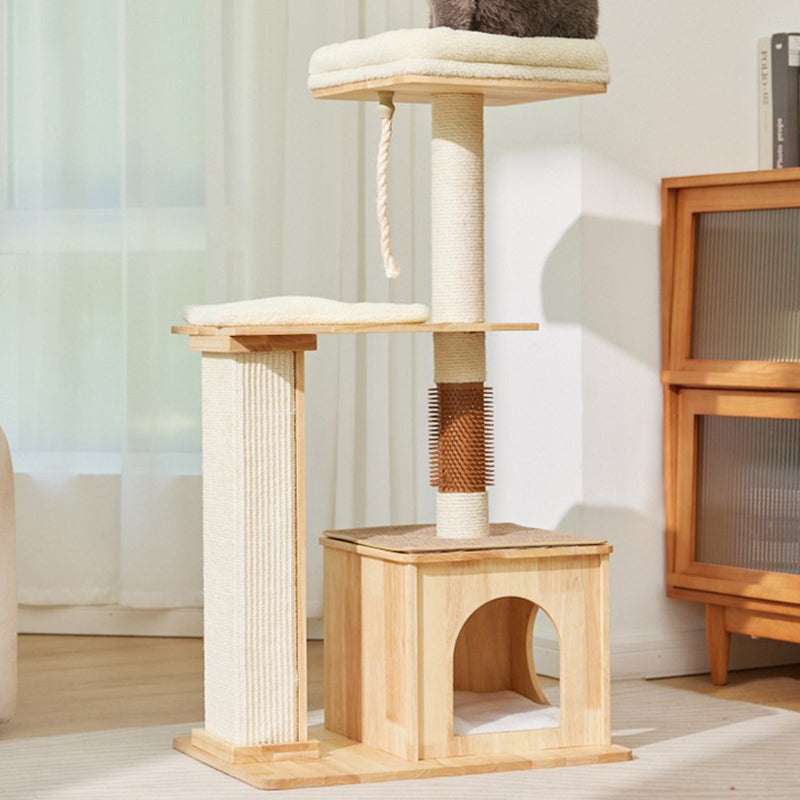 Árbol para gatos rectangular de 3 niveles, moderno y minimalista, de madera de caucho, sisal y terciopelo, ahorra espacio y es duradero para la sala de estar 