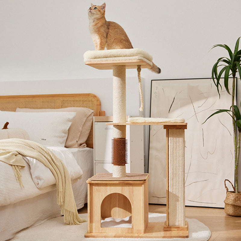 Árbol para gatos rectangular de 3 niveles, moderno y minimalista, de madera de caucho, sisal y terciopelo, ahorra espacio y es duradero para la sala de estar 