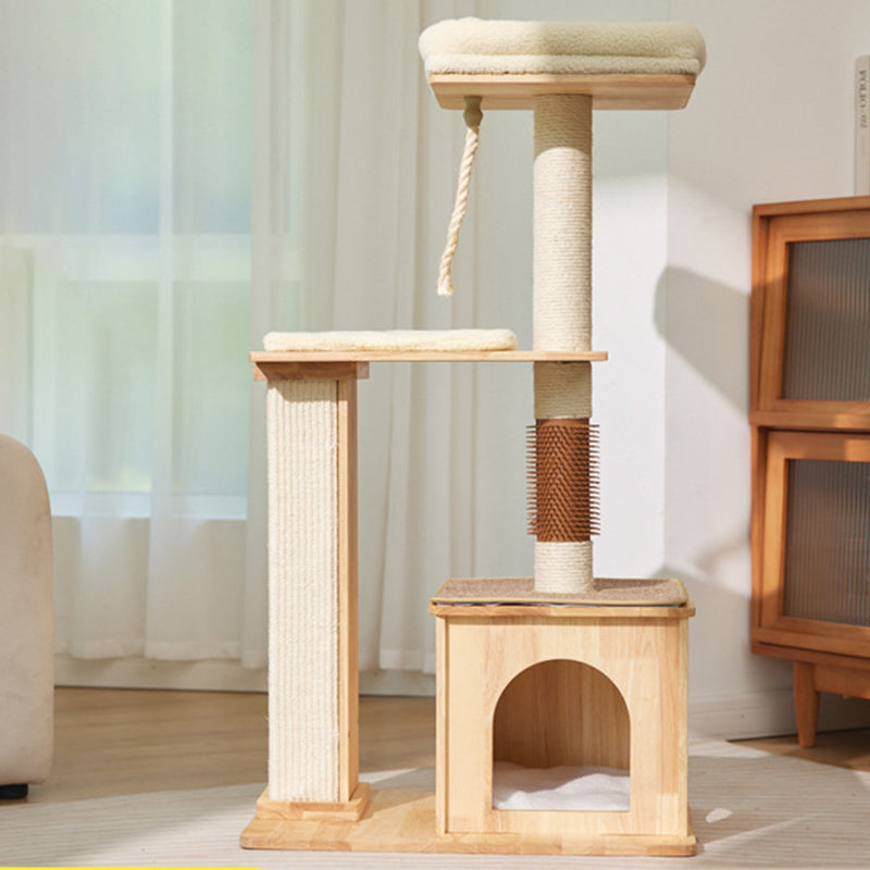 Árbol para gatos rectangular de 3 niveles, moderno y minimalista, de madera de caucho, sisal y terciopelo, ahorra espacio y es duradero para la sala de estar 