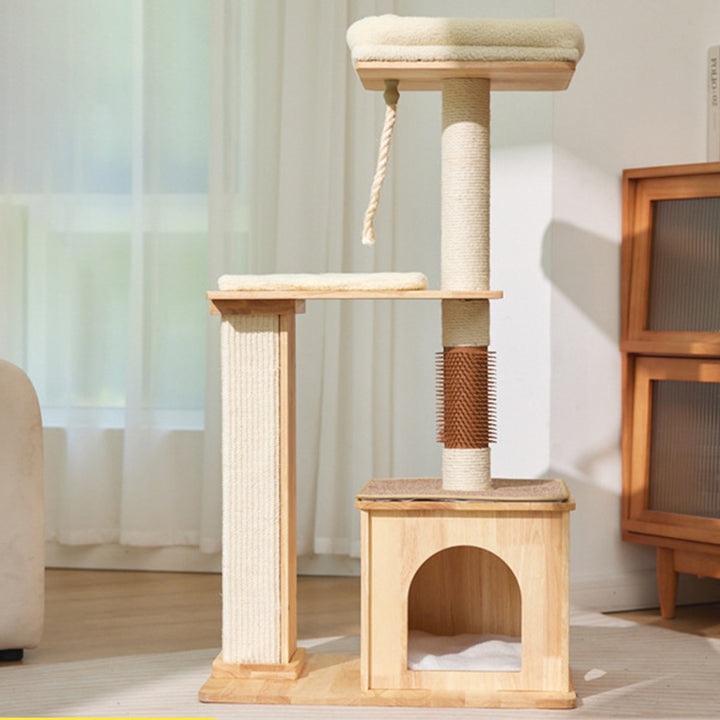 Árbol para gatos rectangular de 3 niveles, moderno y minimalista, de madera de caucho, sisal y terciopelo, ahorra espacio y es duradero para la sala de estar 