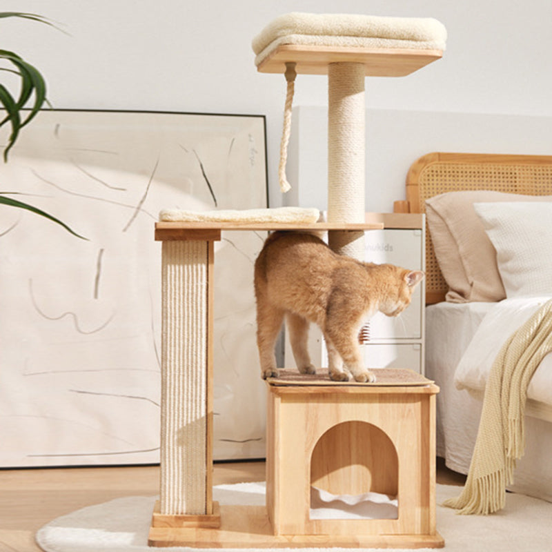 Árbol para gatos rectangular de 3 niveles, moderno y minimalista, de madera de caucho, sisal y terciopelo, ahorra espacio y es duradero para la sala de estar 