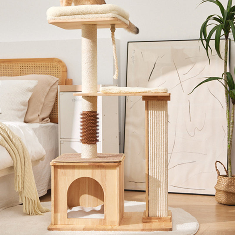 Árbol para gatos rectangular de 3 niveles, moderno y minimalista, de madera de caucho, sisal y terciopelo, ahorra espacio y es duradero para la sala de estar 