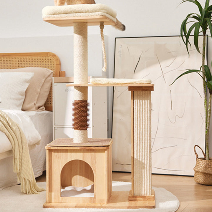 Árbol para gatos rectangular de 3 niveles, moderno y minimalista, de madera de caucho, sisal y terciopelo, ahorra espacio y es duradero para la sala de estar 