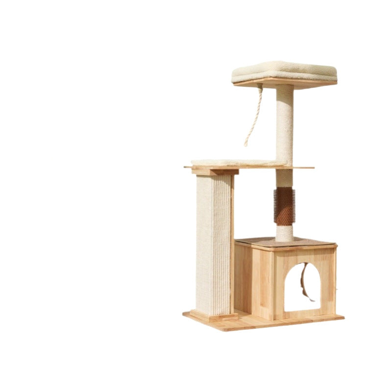 Árbol para gatos rectangular de 3 niveles, moderno y minimalista, de madera de caucho, sisal y terciopelo, ahorra espacio y es duradero para la sala de estar 