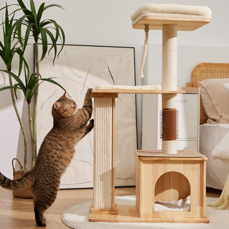 Árbol para gatos rectangular de 3 niveles, moderno y minimalista, de madera de caucho, sisal y terciopelo, ahorra espacio y es duradero para la sala de estar 