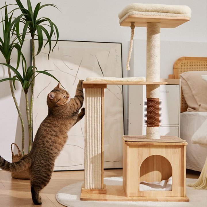 Árbol para gatos rectangular de 3 niveles, moderno y minimalista, de madera de caucho, sisal y terciopelo, ahorra espacio y es duradero para la sala de estar 