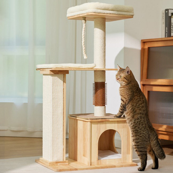 Árbol para gatos rectangular de 3 niveles, moderno y minimalista, de madera de caucho, sisal y terciopelo, ahorra espacio y es duradero para la sala de estar 