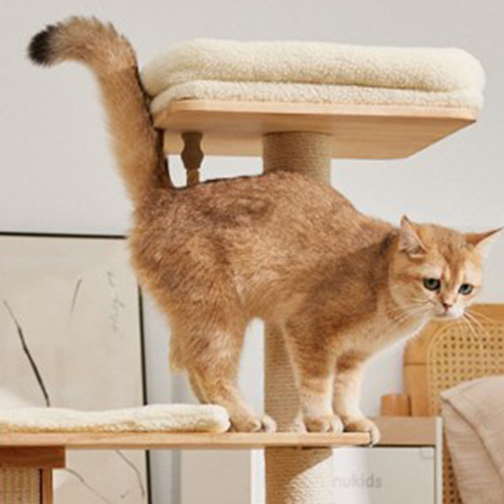 Árbol para gatos rectangular de 3 niveles, moderno y minimalista, de madera de caucho, sisal y terciopelo, ahorra espacio y es duradero para la sala de estar 