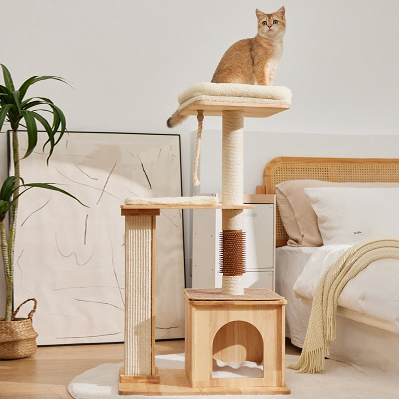 Árbol para gatos rectangular de 3 niveles, moderno y minimalista, de madera de caucho, sisal y terciopelo, ahorra espacio y es duradero para la sala de estar 