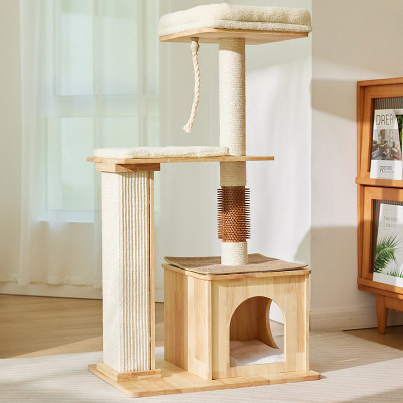 Árbol para gatos rectangular de 3 niveles, moderno y minimalista, de madera de caucho, sisal y terciopelo, ahorra espacio y es duradero para la sala de estar 