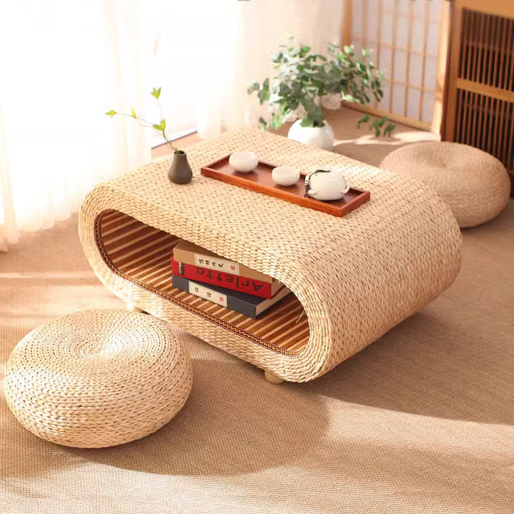 Traditional Japanese Bamboo Solid Wood Bulrush Steel EPE Round Ellipse Tatami Coffee Table & Stool 2-Tier Handwoven Weaving Storage For Living Room