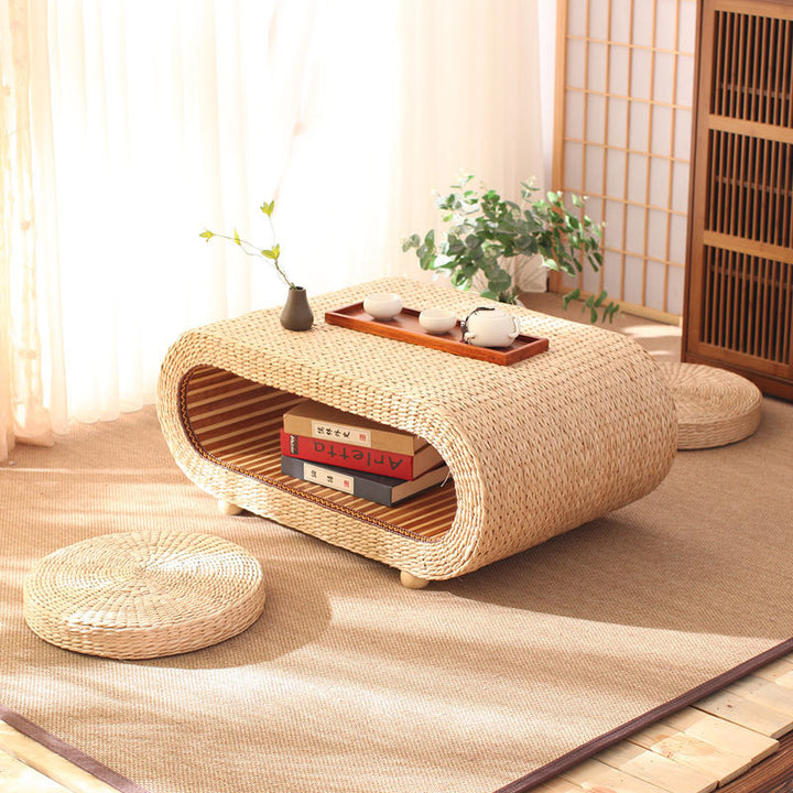 Traditional Japanese Bamboo Solid Wood Bulrush Steel EPE Round Ellipse Tatami Coffee Table & Stool 2-Tier Handwoven Weaving Storage For Living Room