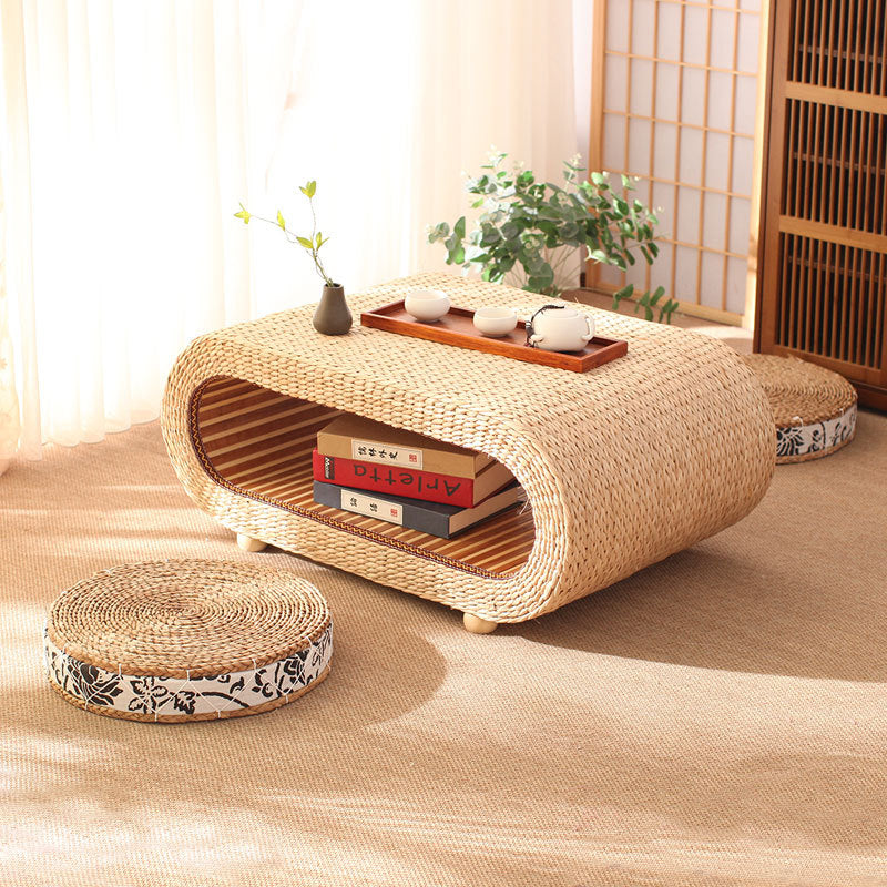 Traditional Japanese Bamboo Solid Wood Bulrush Steel EPE Round Ellipse Tatami Coffee Table &amp; Stool 2-Tier Handwoven Weaving Storage For Living Room