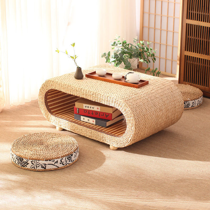 Traditional Japanese Bamboo Solid Wood Bulrush Steel EPE Round Ellipse Tatami Coffee Table & Stool 2-Tier Handwoven Weaving Storage For Living Room