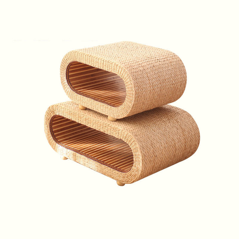 Traditional Japanese Bamboo Solid Wood Bulrush Steel EPE Round Ellipse Tatami Coffee Table &amp; Stool 2-Tier Handwoven Weaving Storage For Living Room
