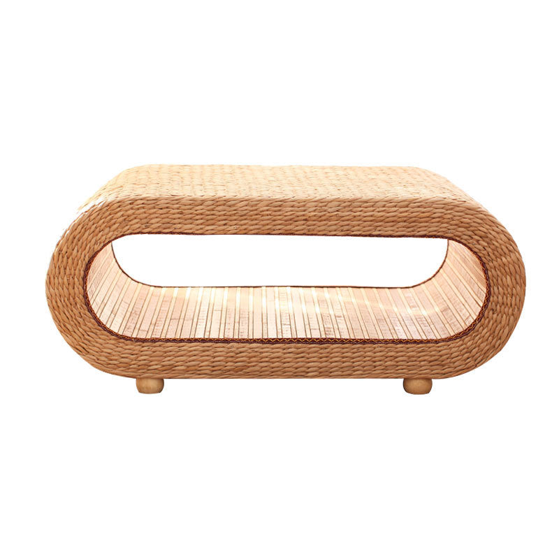 Traditional Japanese Bamboo Solid Wood Bulrush Steel EPE Round Ellipse Tatami Coffee Table &amp; Stool 2-Tier Handwoven Weaving Storage For Living Room