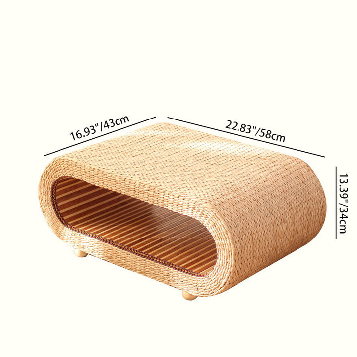 Traditional Japanese Bamboo Solid Wood Bulrush Steel EPE Round Ellipse Tatami Coffee Table & Stool 2-Tier Handwoven Weaving Storage For Living Room