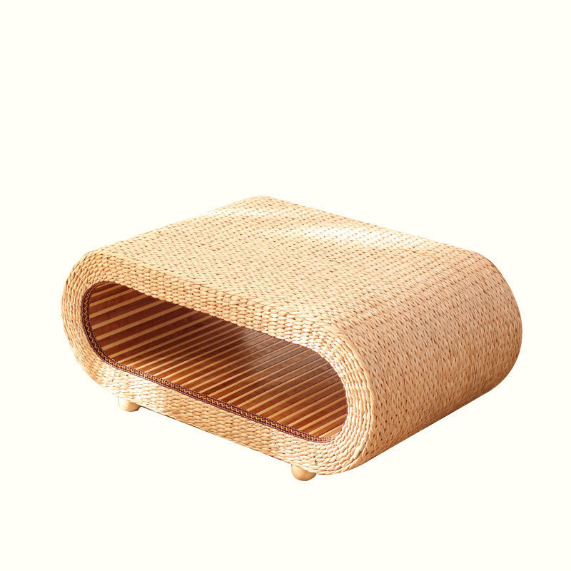 Traditional Japanese Bamboo Solid Wood Bulrush Steel EPE Round Ellipse Tatami Coffee Table &amp; Stool 2-Tier Handwoven Weaving Storage For Living Room