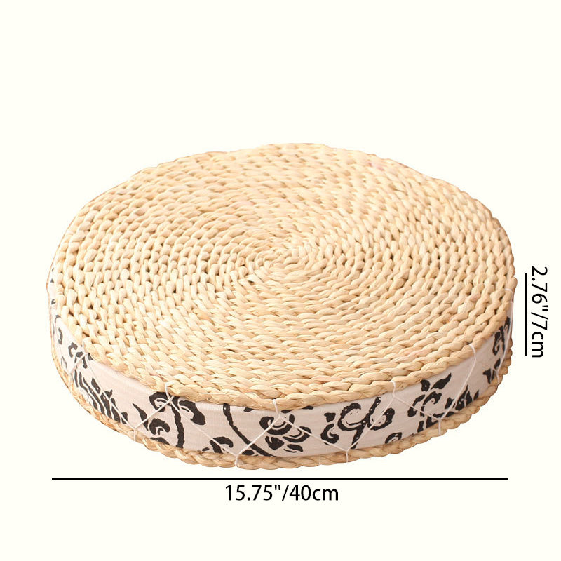 Traditional Japanese Bamboo Solid Wood Bulrush Steel EPE Round Ellipse Tatami Coffee Table &amp; Stool 2-Tier Handwoven Weaving Storage For Living Room
