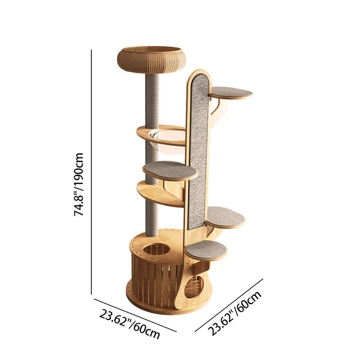 Arbre à chat rond minimaliste moderne en MDF et feutre avec 3 condos, 4 perchoirs et 1 griffoir pour salon 