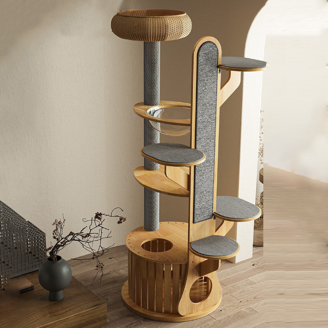 Arbre à chat rond minimaliste moderne en MDF et feutre avec 3 condos, 4 perchoirs et 1 griffoir pour salon 