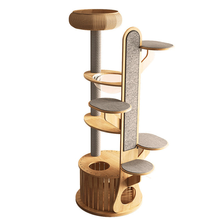 Arbre à chat rond minimaliste moderne en MDF et feutre avec 3 condos, 4 perchoirs et 1 griffoir pour salon 