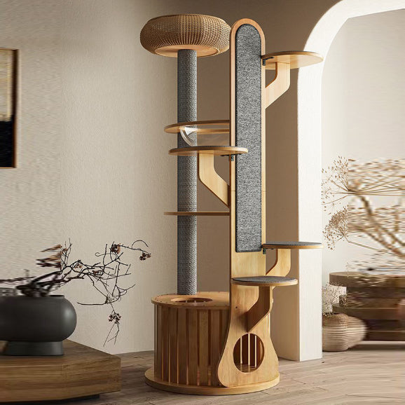 Arbre à chat rond minimaliste moderne en MDF et feutre avec 3 condos, 4 perchoirs et 1 griffoir pour salon 