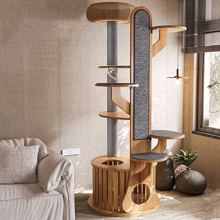 Arbre à chat rond minimaliste moderne en MDF et feutre avec 3 condos, 4 perchoirs et 1 griffoir pour salon 