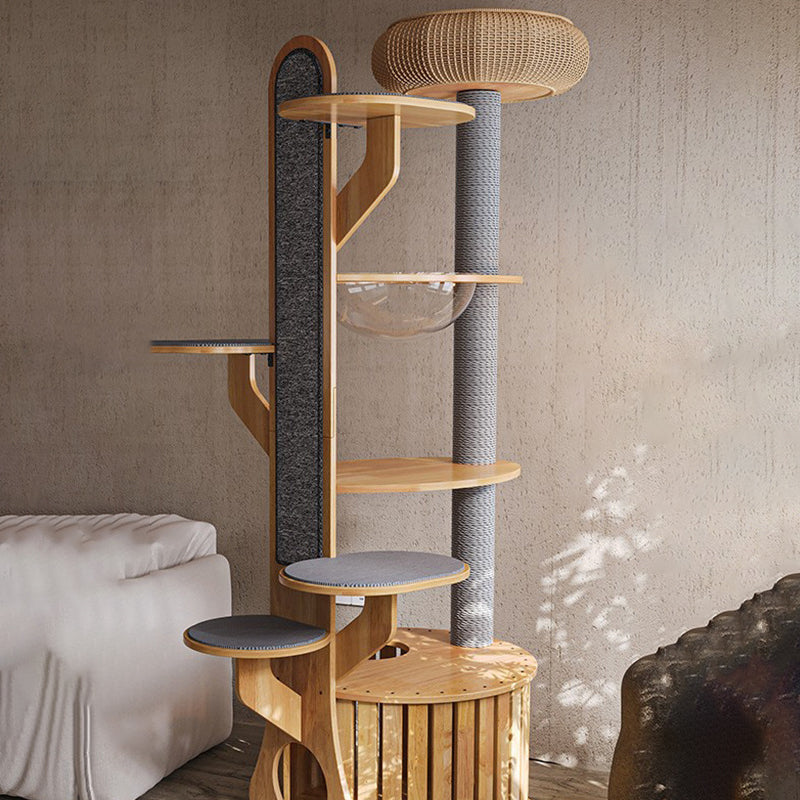Arbre à chat rond minimaliste moderne en MDF et feutre avec 3 condos, 4 perchoirs et 1 griffoir pour salon 