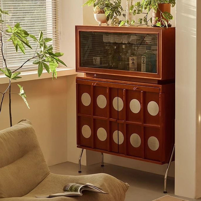 Contemporary Retro Rubberwood Solid Wood Plywood Glass Stainless Steel Rectangular Storage Cabinet 2-Tier For Living Room