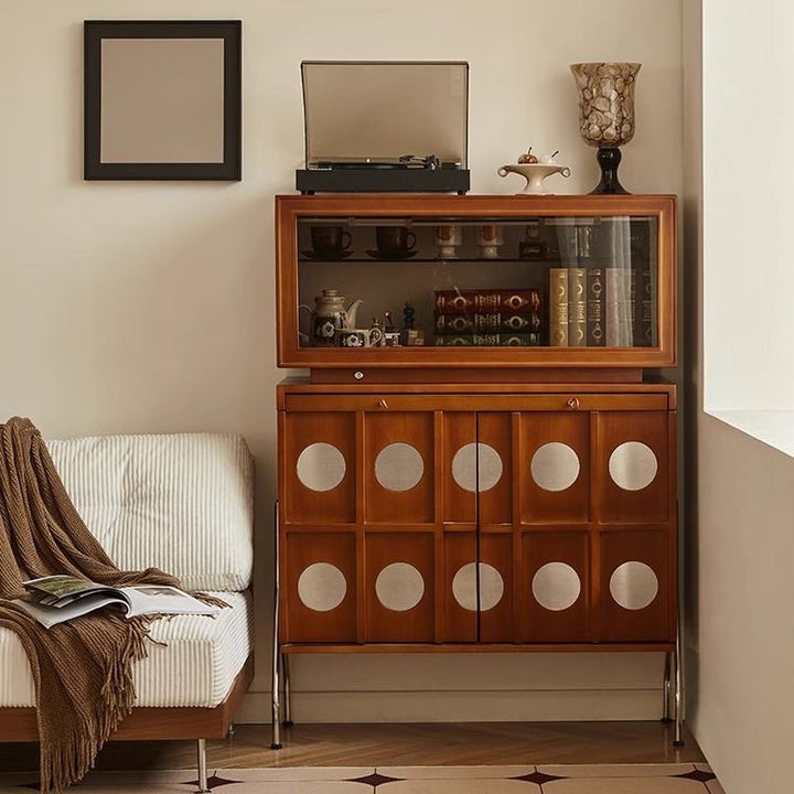 Contemporary Retro Rubberwood Solid Wood Plywood Glass Stainless Steel Rectangular Storage Cabinet 2-Tier For Living Room