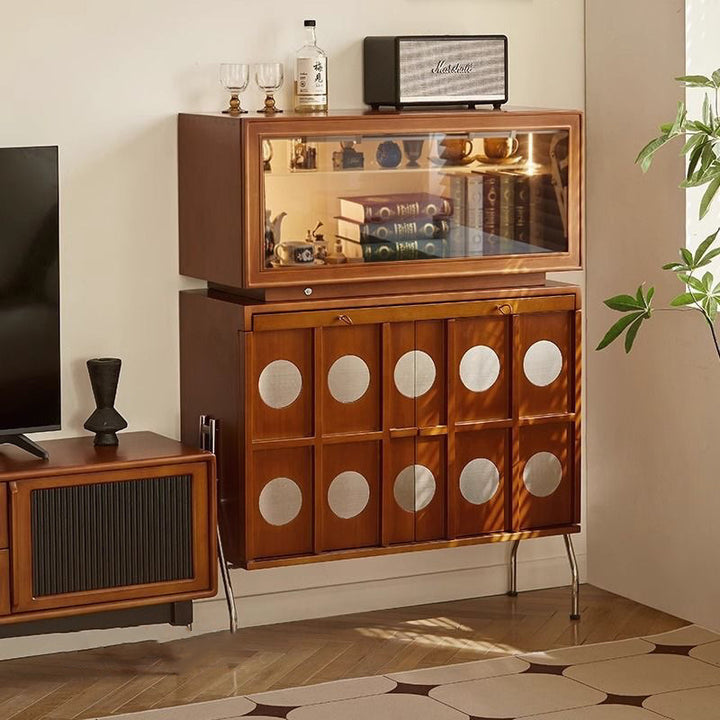 Contemporary Retro Rubberwood Solid Wood Plywood Glass Stainless Steel Rectangular Storage Cabinet 2-Tier For Living Room