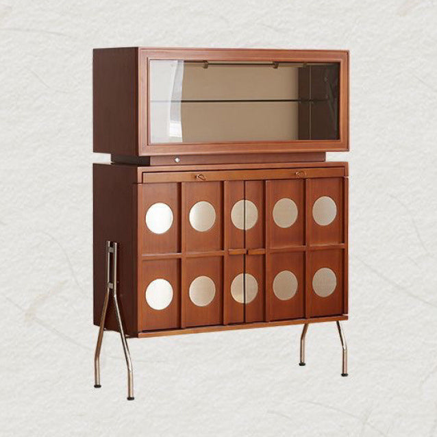 Contemporary Retro Rubberwood Solid Wood Plywood Glass Stainless Steel Rectangular Storage Cabinet 2-Tier For Living Room