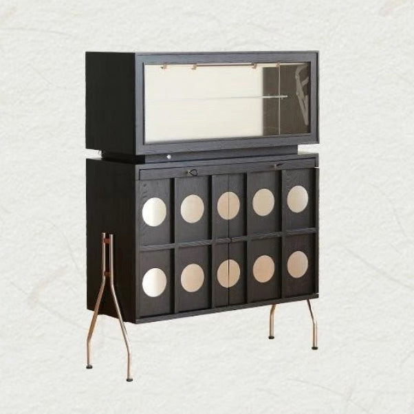 Contemporary Retro Rubberwood Solid Wood Plywood Glass Stainless Steel Rectangular Storage Cabinet 2-Tier For Living Room