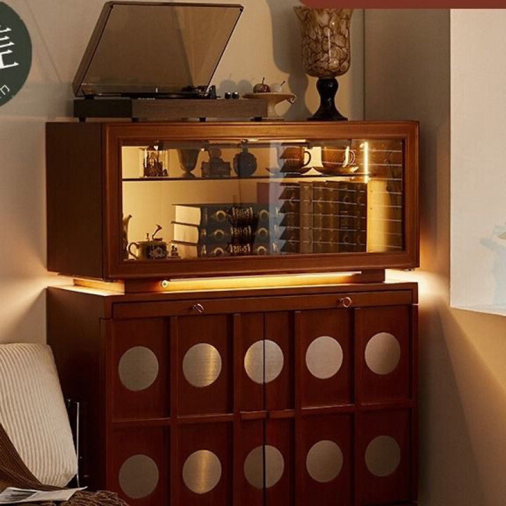 Contemporary Retro Rubberwood Solid Wood Plywood Glass Stainless Steel Rectangular Storage Cabinet 2-Tier For Living Room