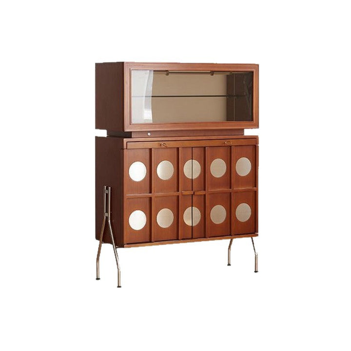 Contemporary Retro Rubberwood Solid Wood Plywood Glass Stainless Steel Rectangular Storage Cabinet 2-Tier For Living Room