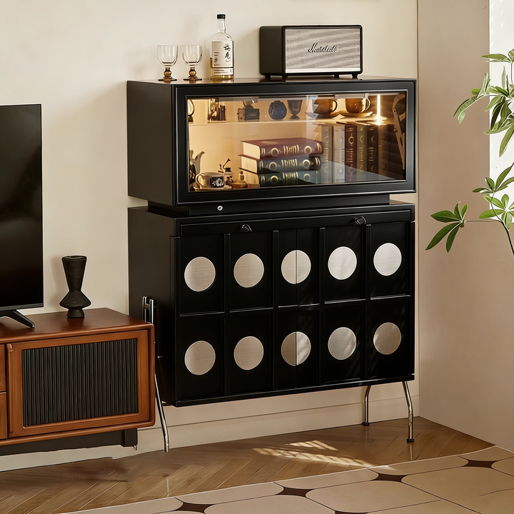 Contemporary Retro Rubberwood Solid Wood Plywood Glass Stainless Steel Rectangular Storage Cabinet 2-Tier For Living Room