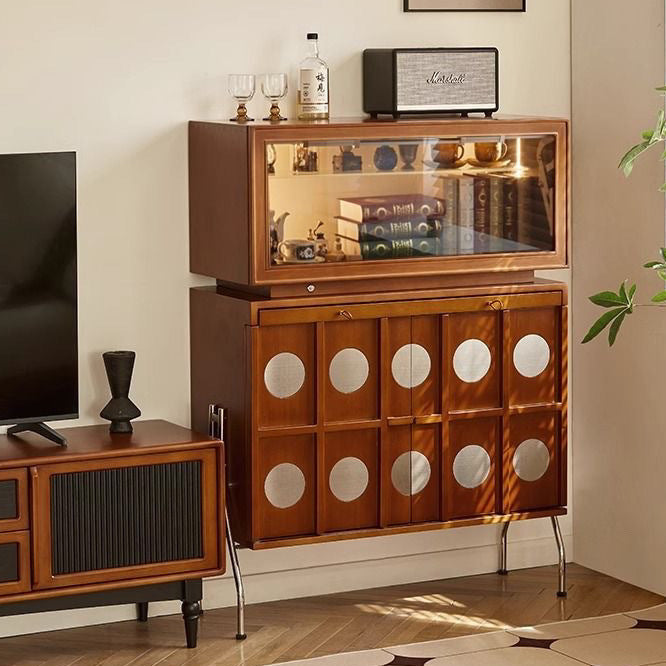Contemporary Retro Rubberwood Solid Wood Plywood Glass Stainless Steel Rectangular Storage Cabinet 2-Tier For Living Room