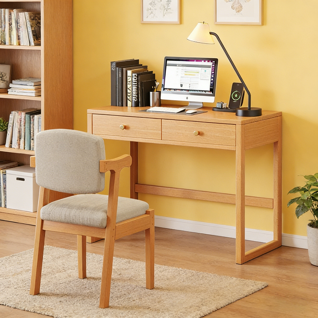 Moderne minimalistische rechteckige Schreibtische aus Gummibaumholz mit 1/2-Schublade für das Home Office 